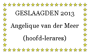 Tekstvak: GESLAAGDEN 2013Angelique van der Meer(hoofd-lerares)